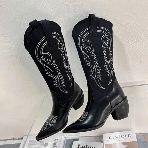 🛑AT COST! Black Embroidered Aztec Western Boho Festival Boot Vegan Suede leather - Picture 3 of 9